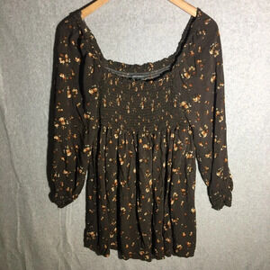 Womens Wild Fable Dress Cottage Core Smocked Shirred Floral Brown Neutral